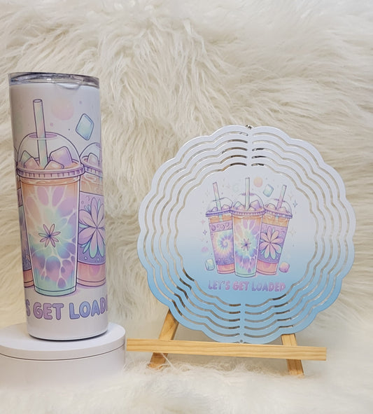 8 in. "Let's Get Loaded" Wind Spinner and Tumbler Set